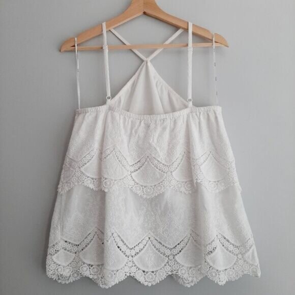 KENSIE Medallion Lace Floral Halter Tank Top Scalloped Hem White Sz M Flawed - Picture 6 of 10